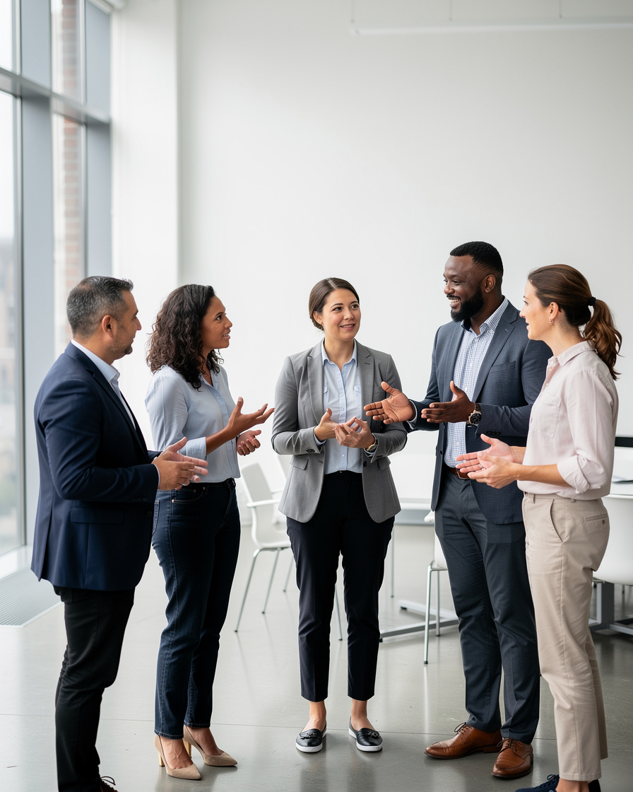 Group of people talking and gesturing during an animated discussion